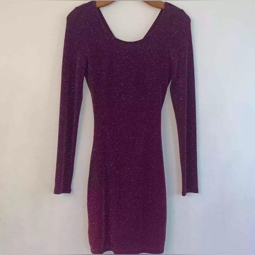 GUESS Mini Bodycon purple Silver Sparkly Long Sleeve Cut Out Back Dress S